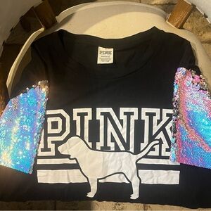 PINK Victoria's Secret Black Tee with Iridescent Sequin Sleeves